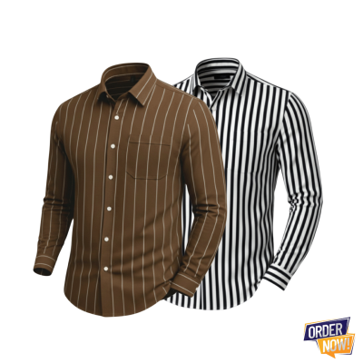 2 Pcs Stripe Full Sleeve Shirt- Black Small+Brown