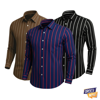 3 Pcs Stripe Full Sleeve Shirt- Brown+BlueRedBig+BlackBig