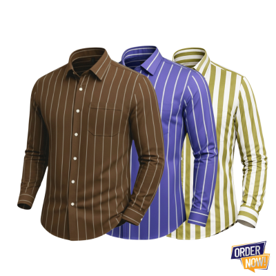 3 Pcs Stripe Full Sleeve Shirt- Brown+Lavender+Lemon
