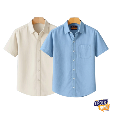 2 Pcs Kaizar Half Sleeve Shirt- Cream-+-Sky