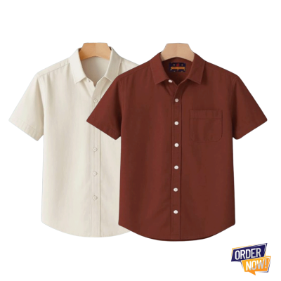 2 Pcs Kaizar Half Sleeve Shirt- Cream-+-Tama