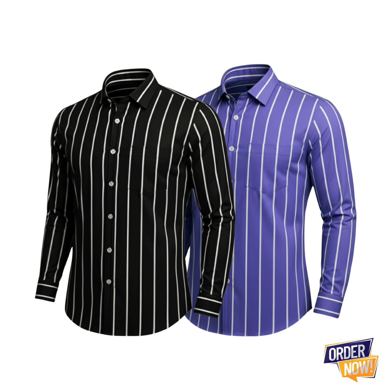 2 Pcs Stripe Full Sleeve Shirt- Black Big+Lavender