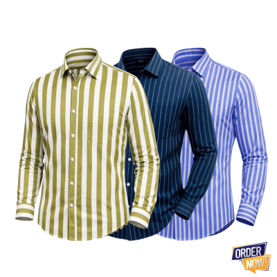 3 Pcs Stripe Full Sleeve Shirt- Lemon+NavySmall+SkySmall