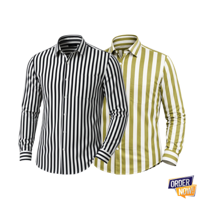 2 Pcs Stripe Full Sleeve Shirt- Lemon+BlackSmall