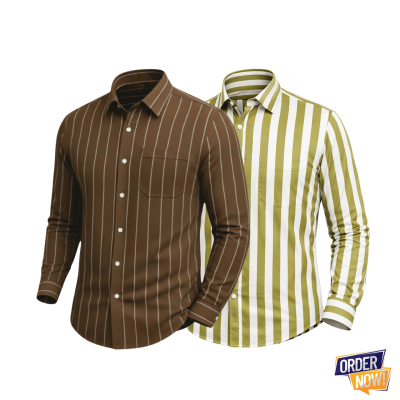 2 Pcs Stripe Full Sleeve Shirt- Lemon+Brown