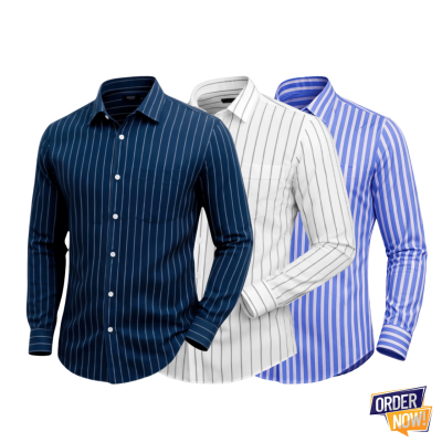 3 Pcs Stripe Full Sleeve Shirt- NavySamll+WhiteSmall+SkySmall