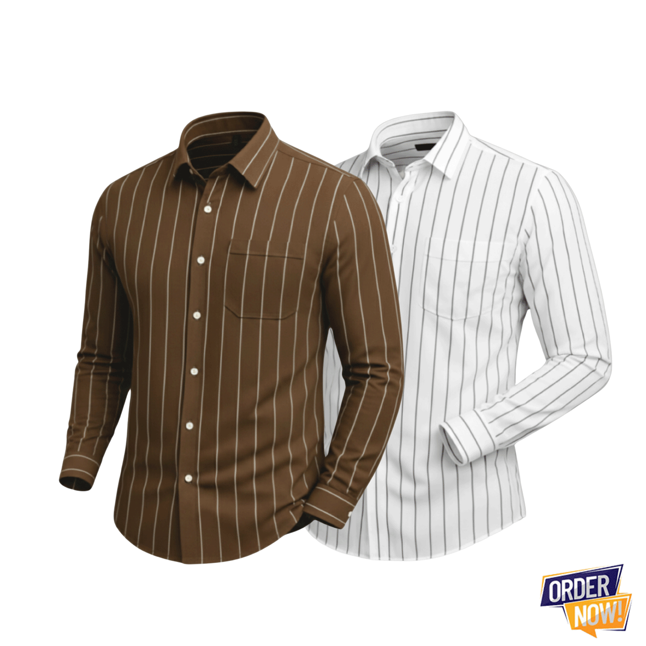 2 Pcs Stripe Full Sleeve Shirt- WhiteSmall+Brown