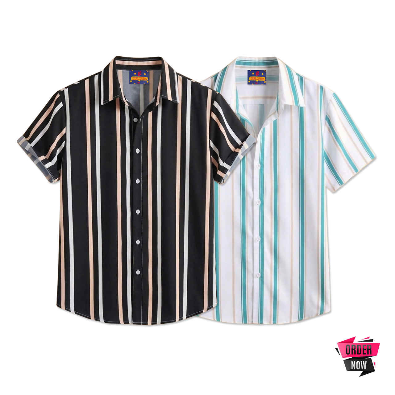 2 Pcs Linen Print Half Shirt-Black+Pest