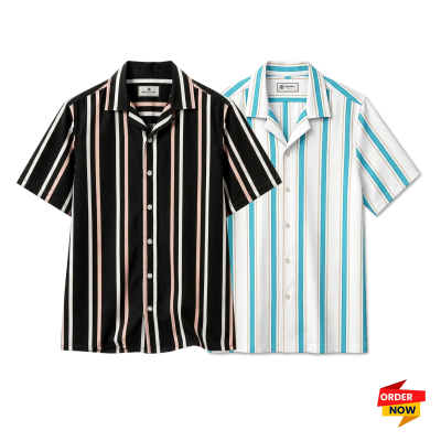 2 Pcs Cuban Print Half Shirt-Black+Pest