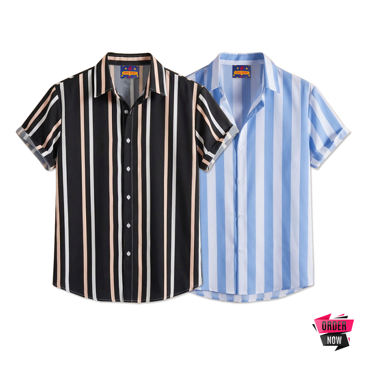 2 Pcs Linen Print Half Shirt-Black+Sky