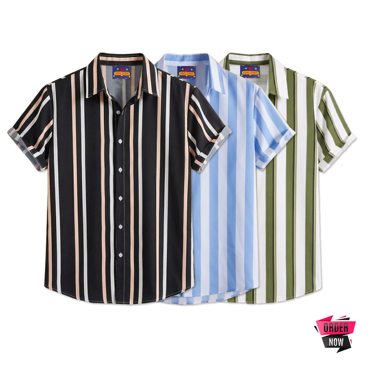 3 Pcs Linen Print Half Shirt-Black+Sky+Lemon