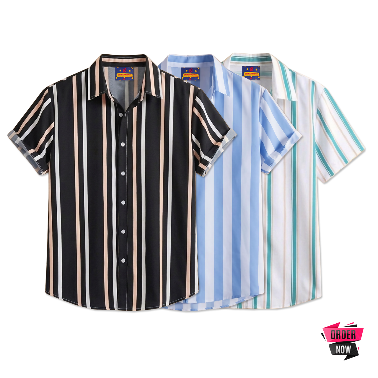 3 Pcs Linen Print Half Shirt-Black+Sky+Pest