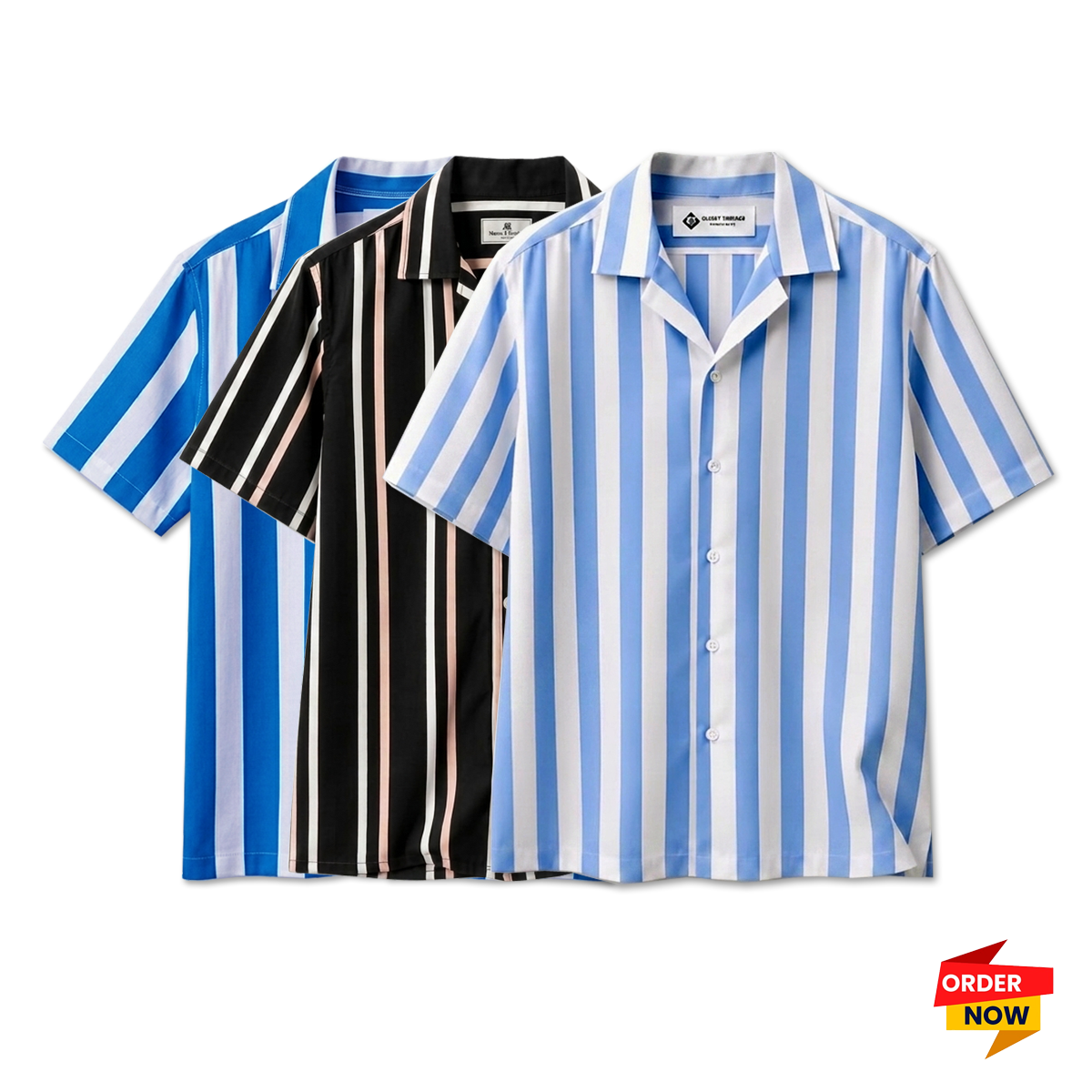 3 Pcs Cuban Print Half Shirt-Petrol+Black+Sky